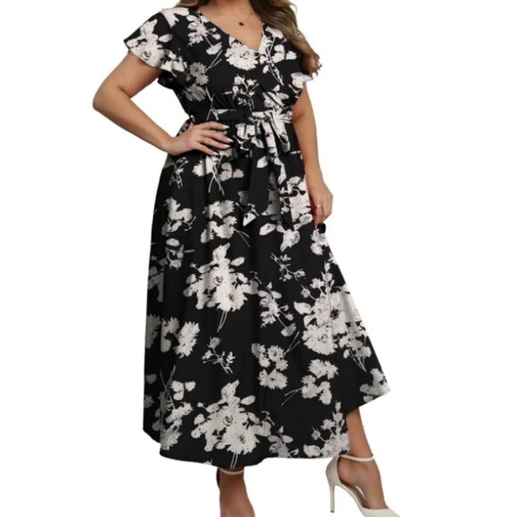 Women's Maxi Dress Plus Size 1X Flutter Sleeve Floral Print V Neckline Flowy - Picture 3 of 6